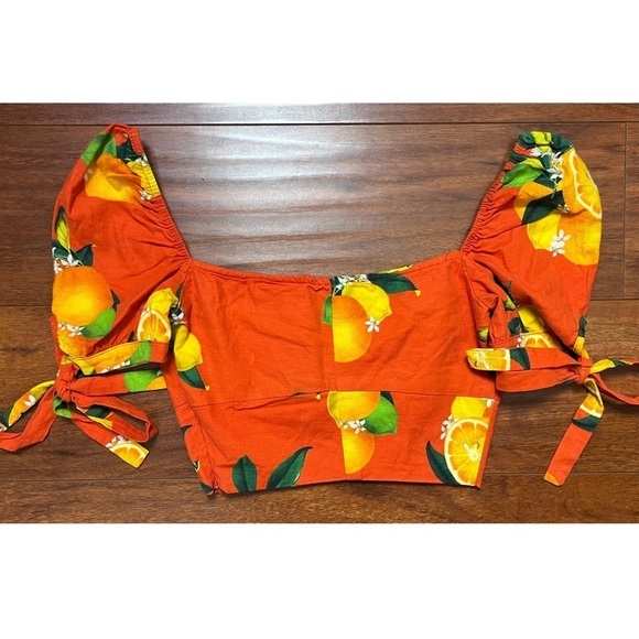 REVOLVE‎ X PRIVACY PLEASE Citrus Print Linen Square Neck Puff Sleeve Crop Top XS - Picture 6 of 10